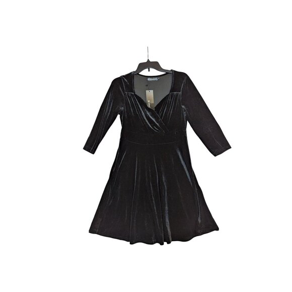 Allegra K Womens Black Velvet Wrap V-Neck Dress 3/4 Sleeves Elegant Party Wear - Picture 2 of 5